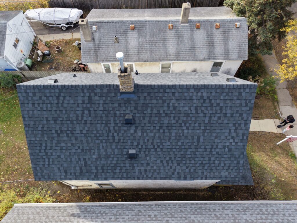 Aerial view of residential rooftops.